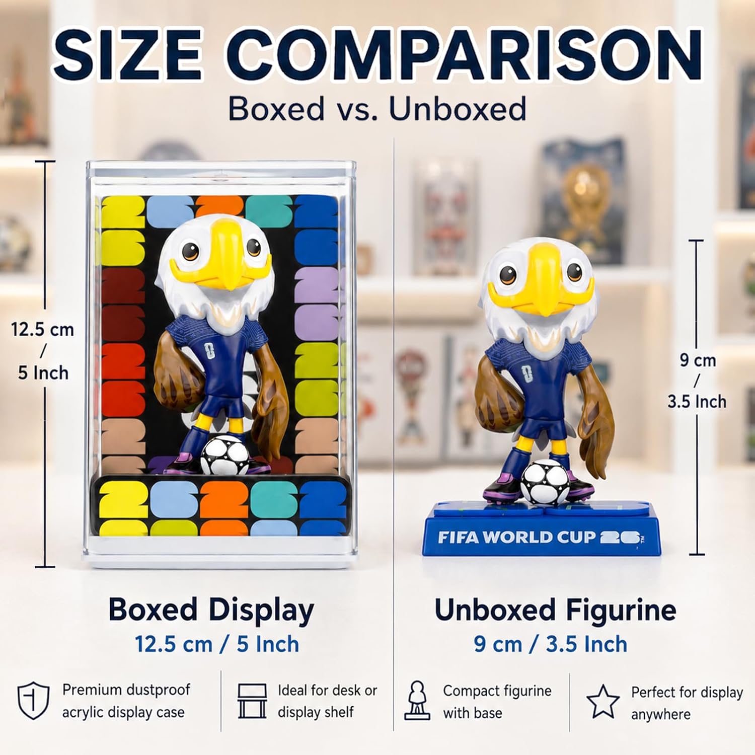 FIFA World Cup 2026 Mascot Figurines Set of 3 – USA Eagle, Mexico Jaguar & Canada Moose Collectible Soccer Statues with Display Case