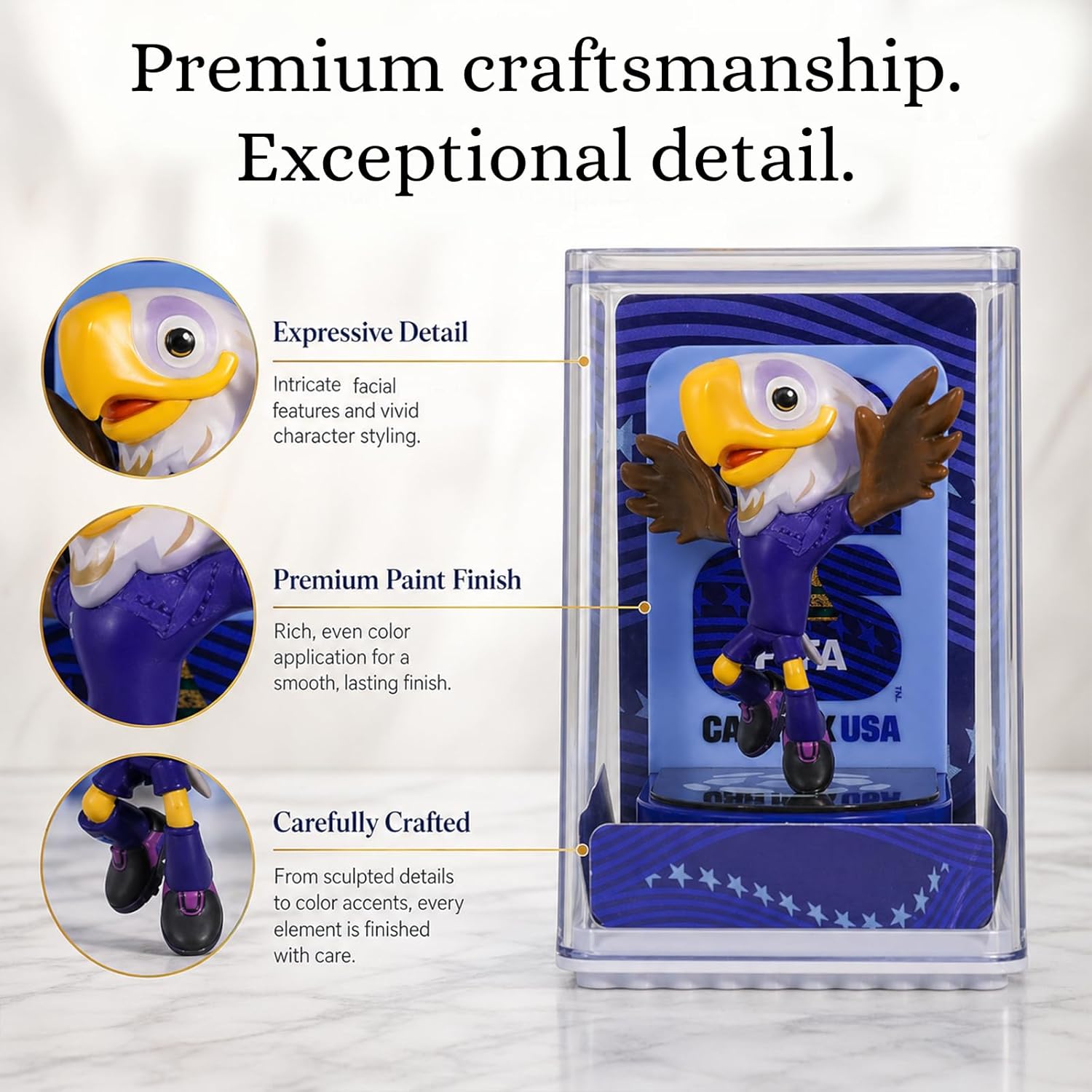 FIFA World Cup 2026 Mascot Figurines Set of 3 – USA Eagle, Mexico Jaguar & Canada Moose Collectible Soccer Statues with Display Case (6cm)