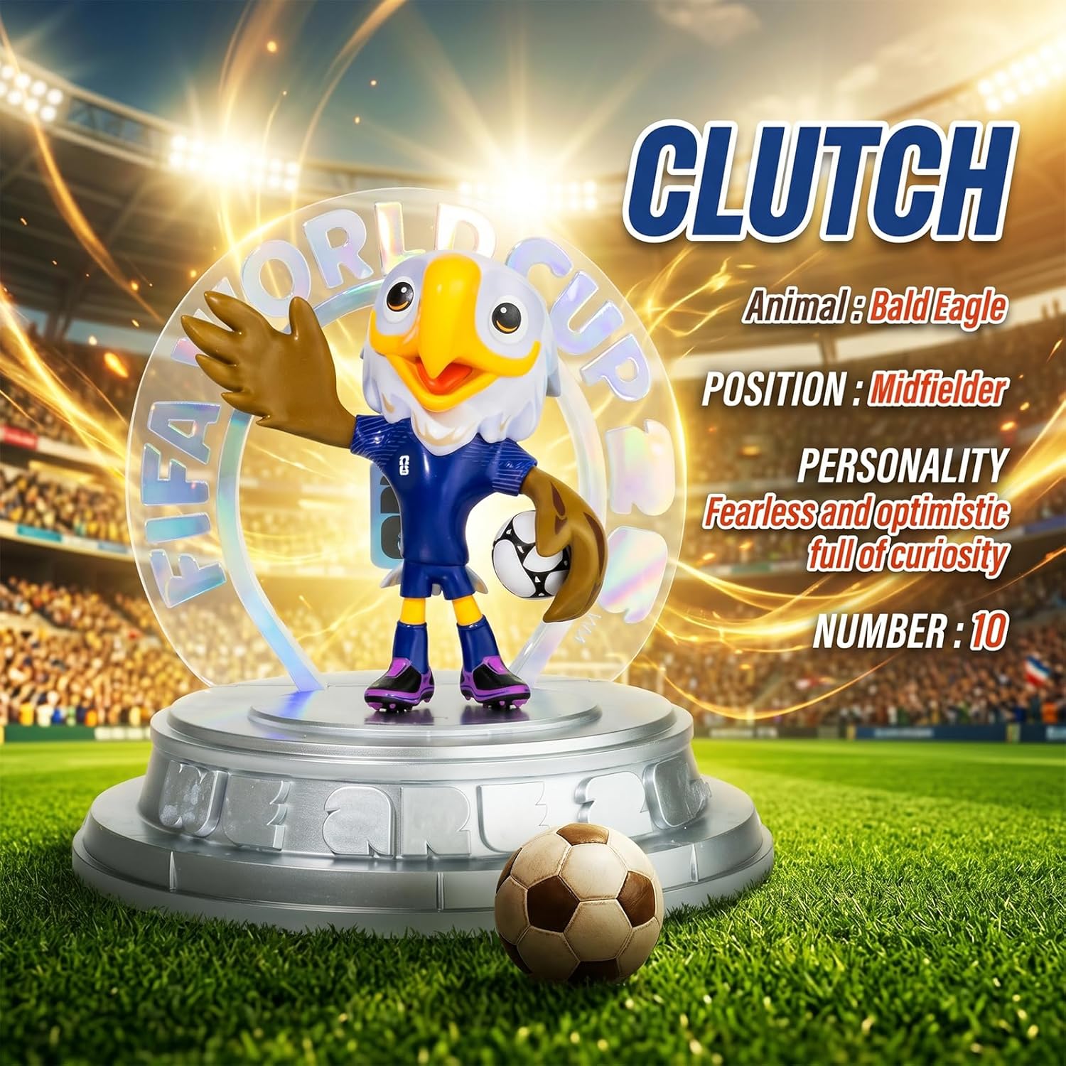 FIFA World Cup 2026 USA Mascot Clutch the Bald Eagle Figurine – Personalized Laser Engraved Display Statue with Acrylic Dome | Official Licensed Soccer Gift