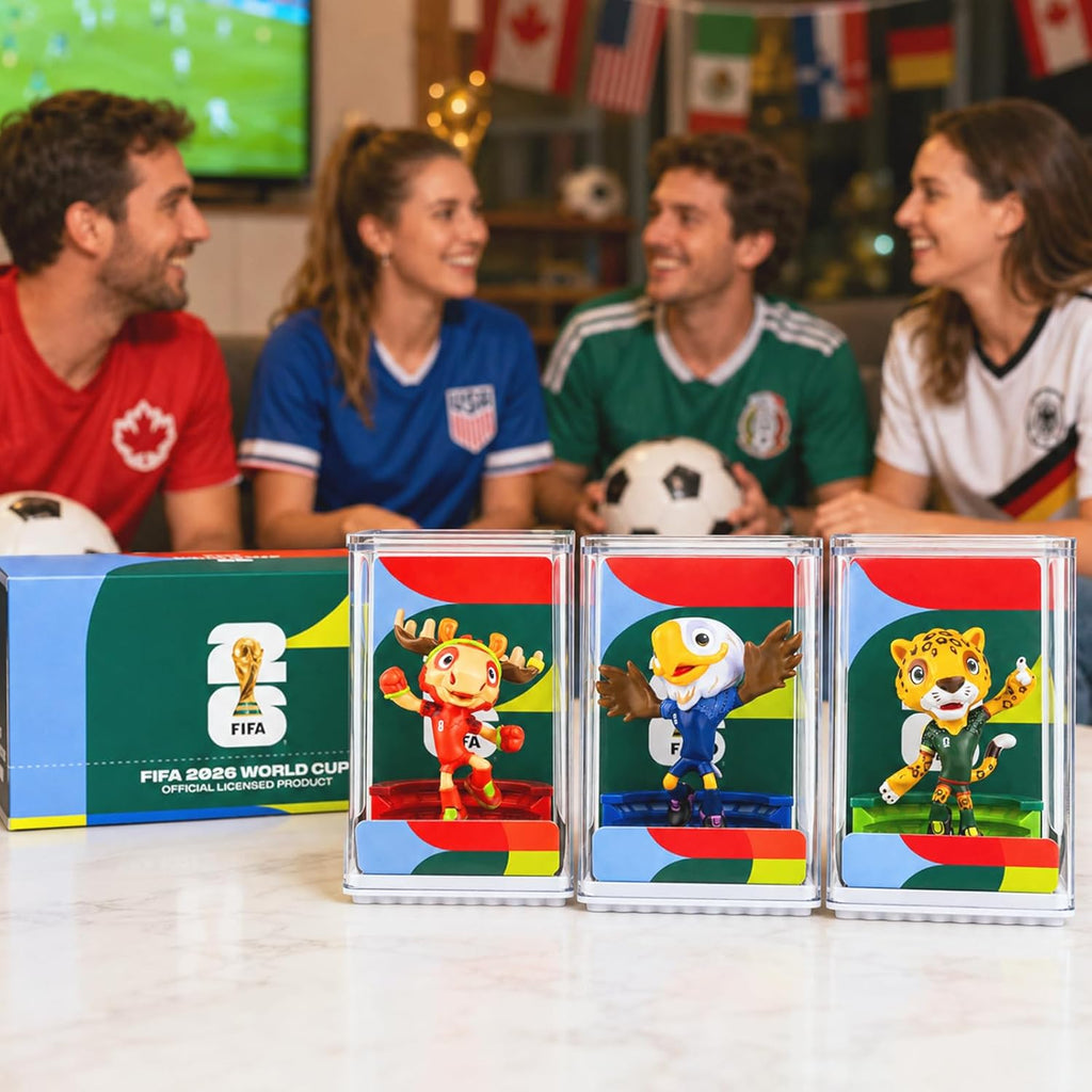 FIFA World Cup 2026 Mascot Figurines Set of 3 – USA Eagle, Mexico Jaguar & Canada Moose Collectible Soccer Statues with Display Case (6cm)
